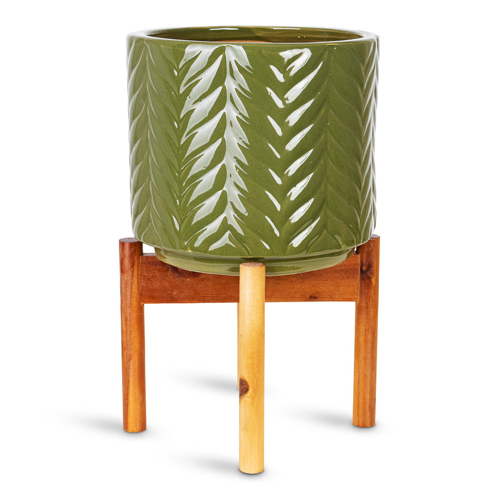 Aspen Chevron Plant Pot with Wooden Stand - Olive