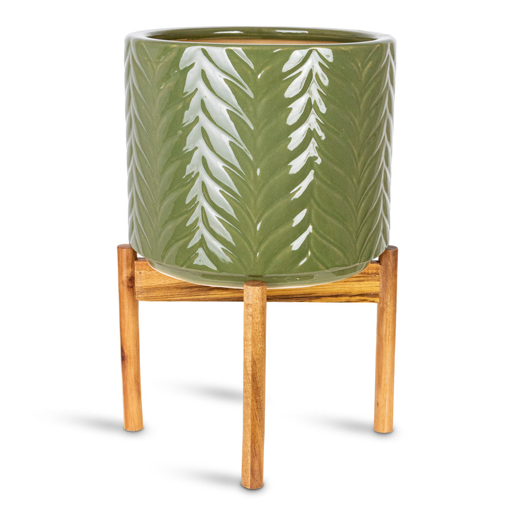 Aspen Chevron Plant Pot with Wooden Stand - Olive