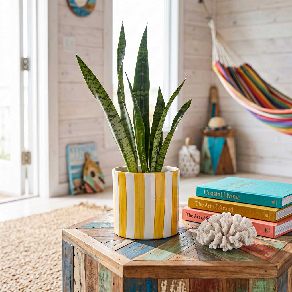 Paros Painted Plant Pot - Yellow Stripe