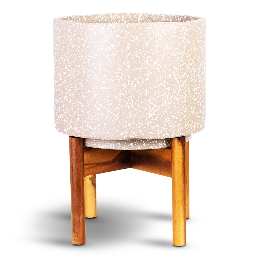 Valetta Plant Pot with Wooden Stand - Speckled Caramel