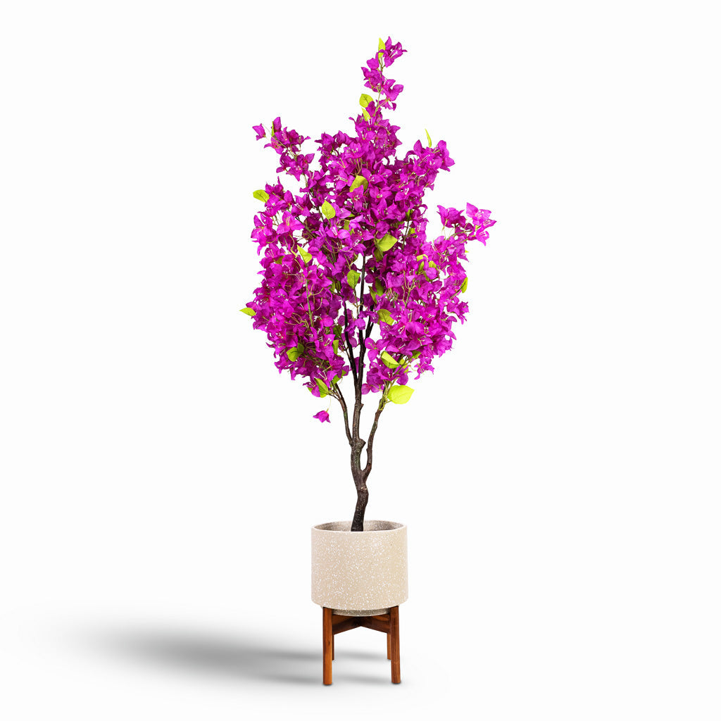 Valetta Plant Pot with Wooden Stand - Speckled Ivory
