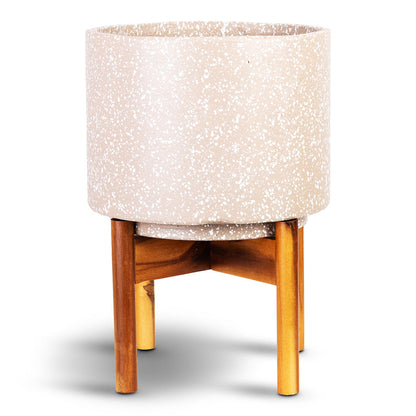 Valetta Plant Pot with Wooden Stand - Speckled Caramel