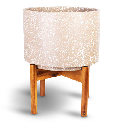 Valetta Plant Pot with Wooden Stand - Speckled Caramel