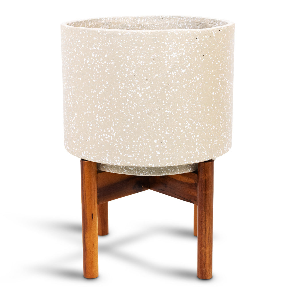 Valetta Plant Pot with Wooden Stand - Speckled Ivory
