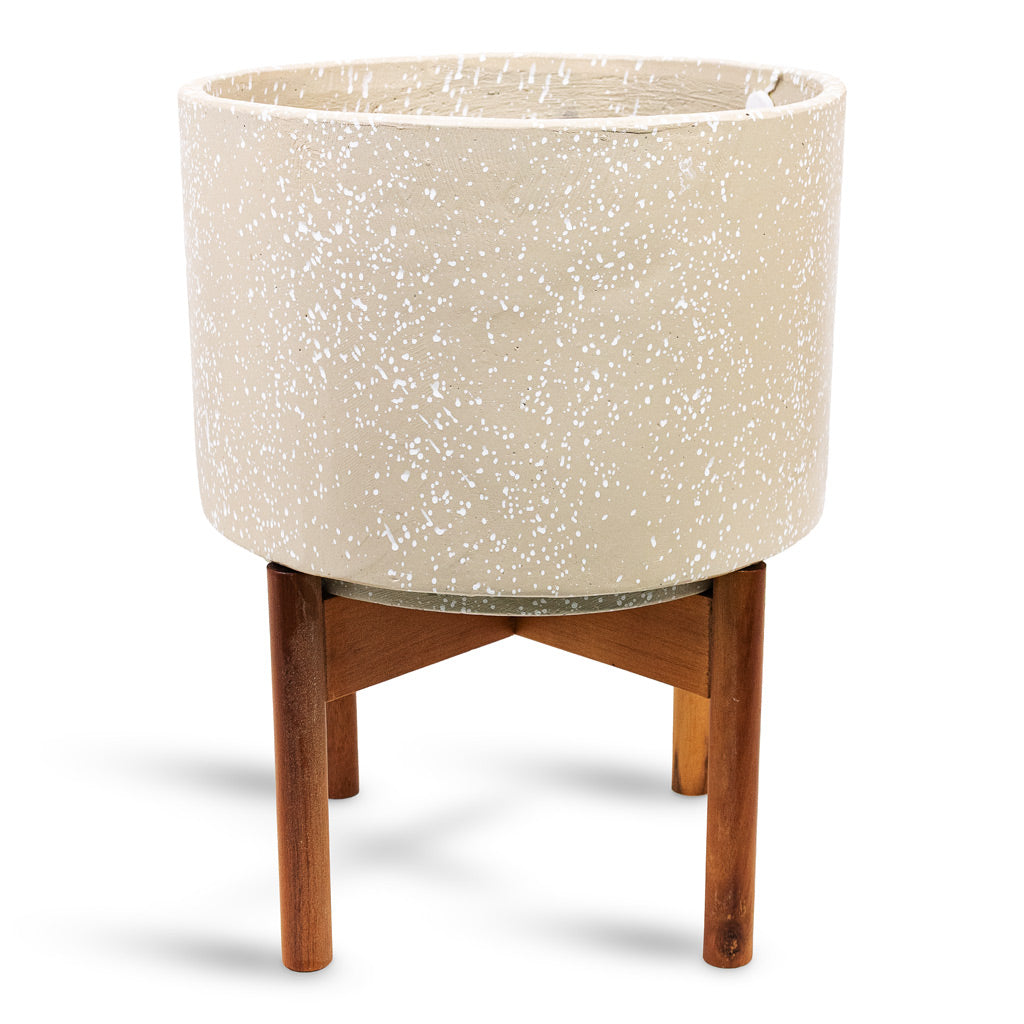 Valetta Plant Pot with Wooden Stand - Speckled Ivory